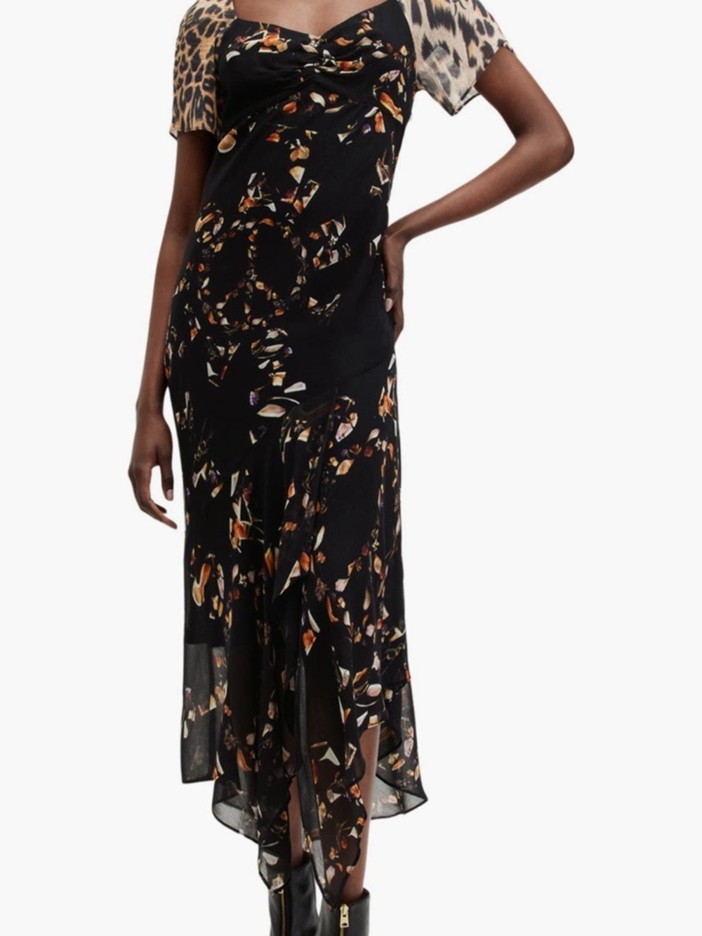 AllSaints Black Floral & Leopard Mixed-Print Midi Dress - Picture 2 of 8